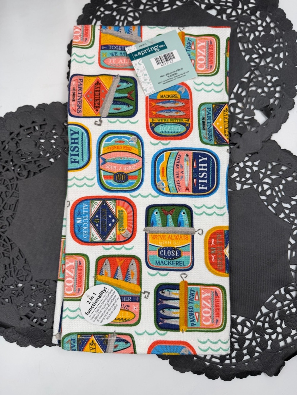 Spring & Co. Fishy Canned Fish Print Tea Towel - White Multi